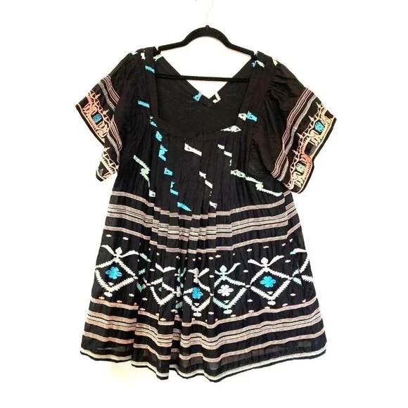 Free People New Romantics Rio Embroidered Pleated Boho Mini Dress Large - Picture 2 of 6